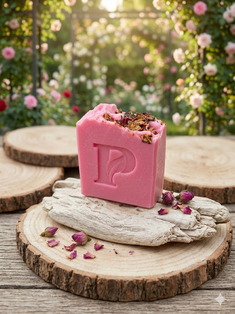 Prudent Preservations artisan bar soap with soft pink hues and dried rose petal botanicals.