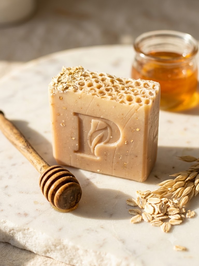 Prudent Preservations artisan textured bar soap with warm oatmeal beige and honey gold natural tones.