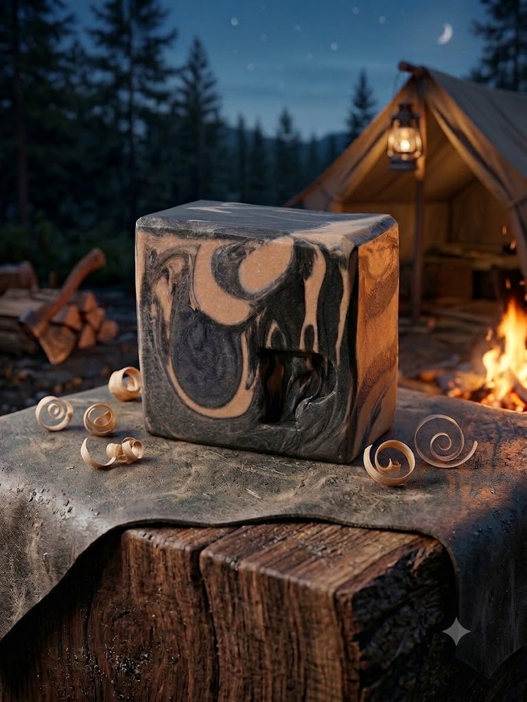 Prudent Preservations artisan bar soap with deep charcoal and amber swirls, handcrafted cold-process.