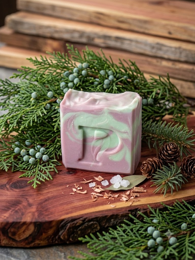 Prudent Preservations artisan bar soap with soft purple and warm cedar brown swirls, handcrafted cold-process.