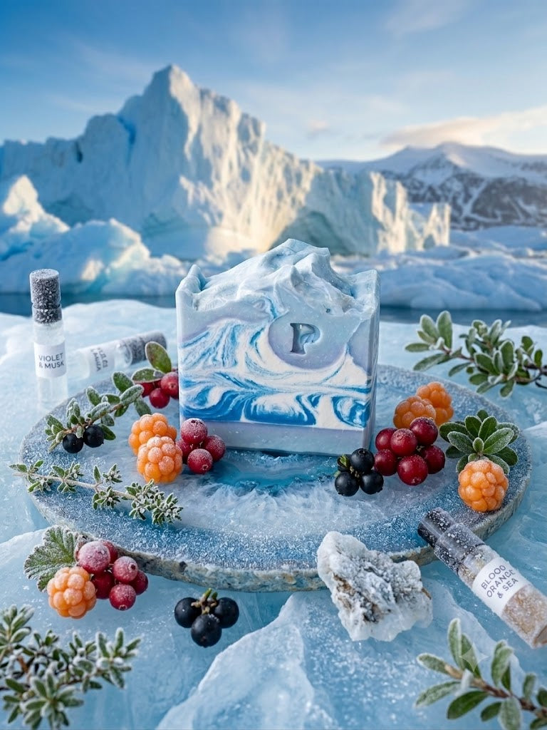 Prudent Preservations artisan swirl bar soap with icy blue and white glacier-inspired marbling, handcrafted cold-process.
