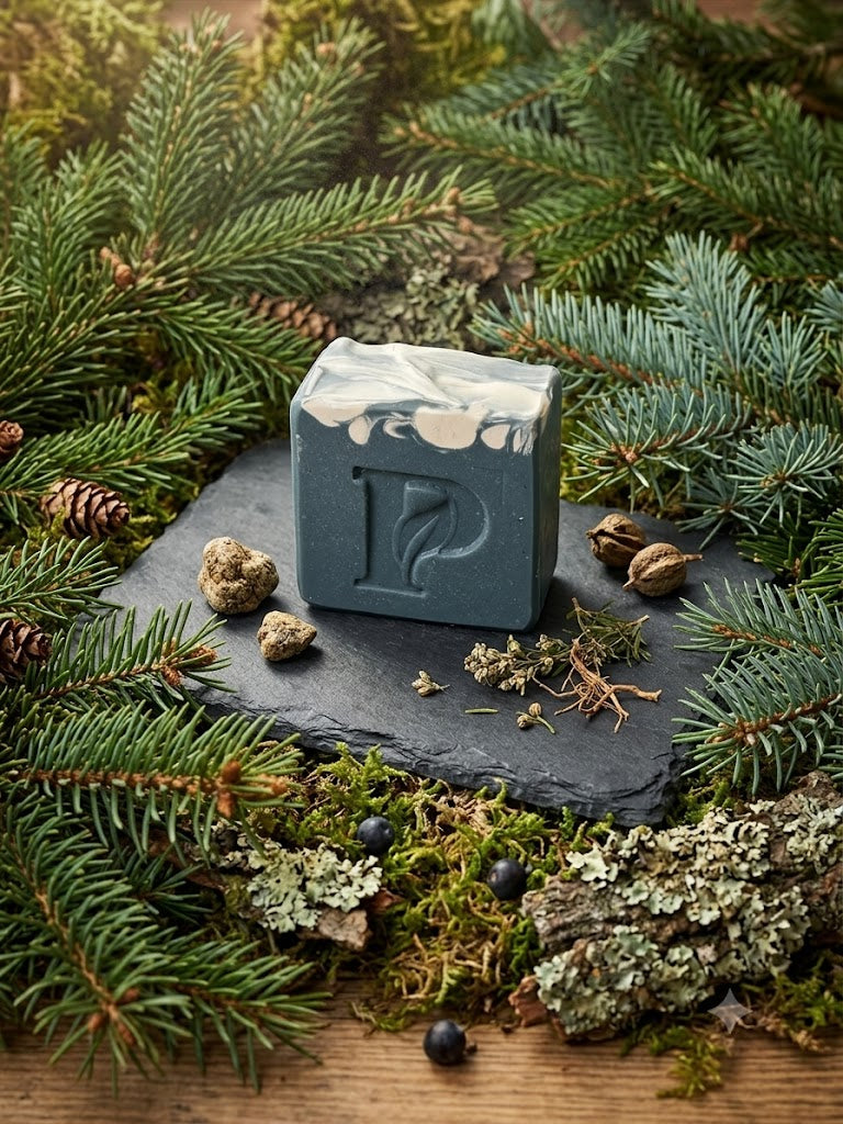 Prudent Preservations artisan bar soap with forest green body and white frost-like swirls at the top, handcrafted cold-process.