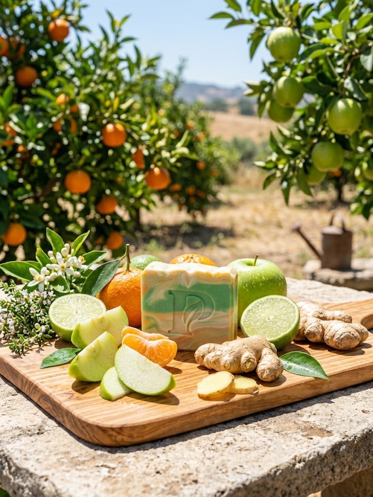 Prudent Preservations artisan bar soap with vibrant citrus yellow and fresh green swirls, handcrafted cold-process.