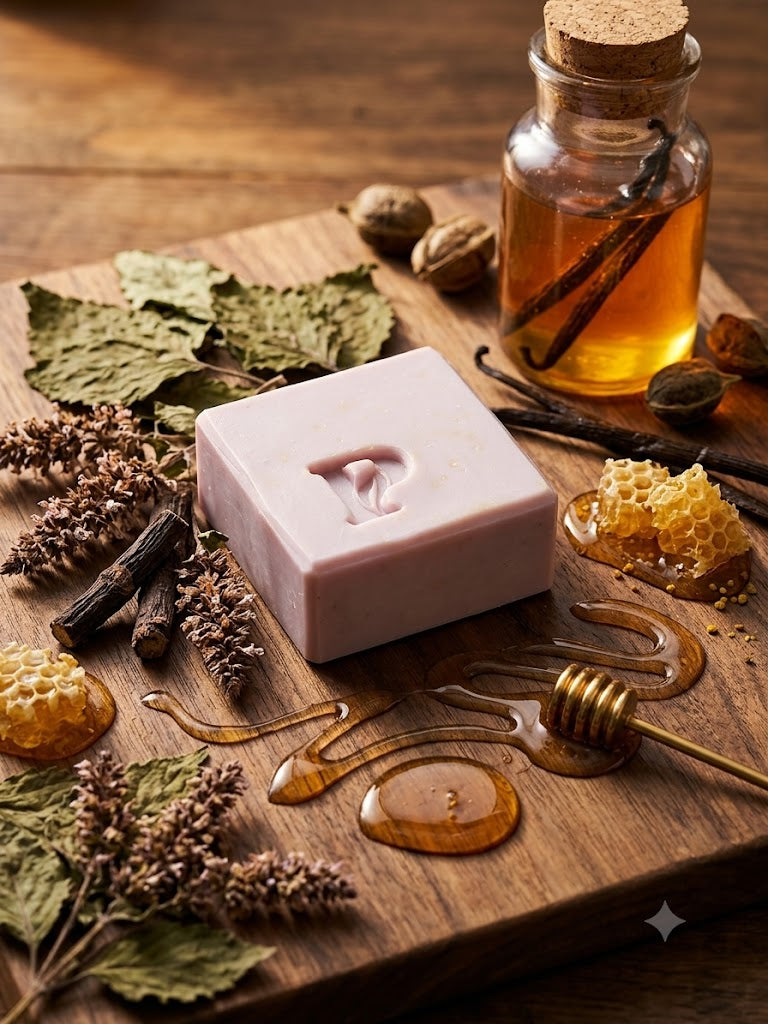 Prudent Preservations artisan bar soap with earthy brown and golden honey swirls, handcrafted cold-process.