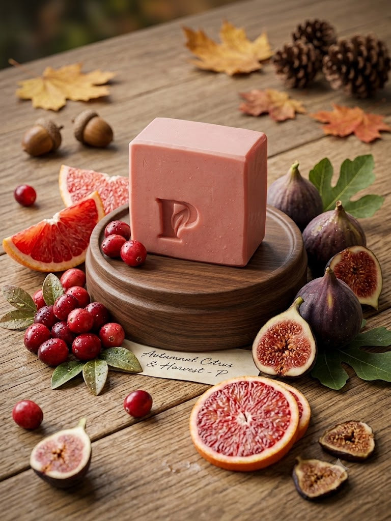 Prudent Preservations artisan bar soap with warm cranberry red and golden amber swirls, handcrafted cold-process.