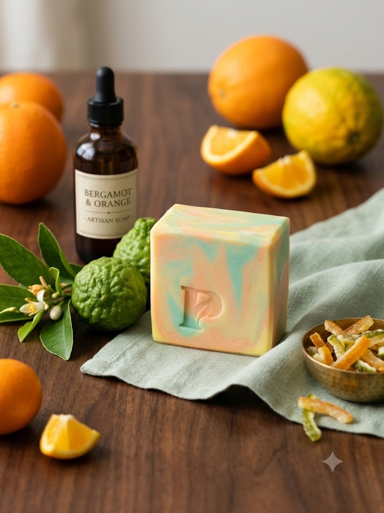 Prudent Preservations artisan bar soap with vibrant green, orange, and yellow swirls, handcrafted cold-process.
