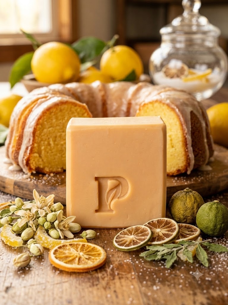 Prudent Preservations artisan bar soap with soft yellow and beige tones like pound cake, handcrafted cold-process.