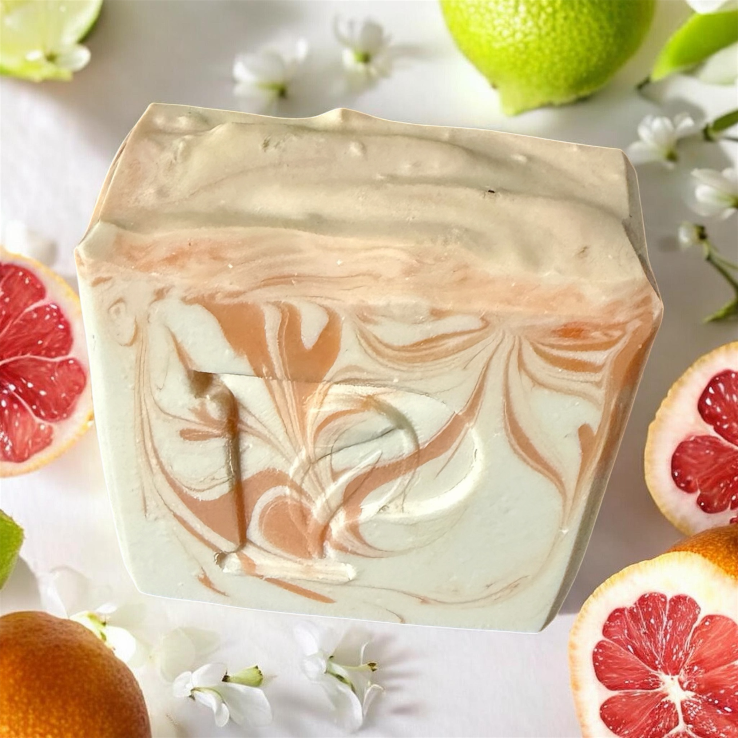 Prudent Preservations Artisan Citrus Swirl handmade soap bar with white and coral marbling, surrounded by citrus fruits and white flowers.